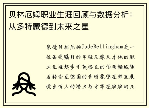 贝林厄姆职业生涯回顾与数据分析：从多特蒙德到未来之星