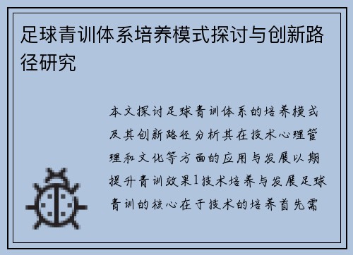 足球青训体系培养模式探讨与创新路径研究